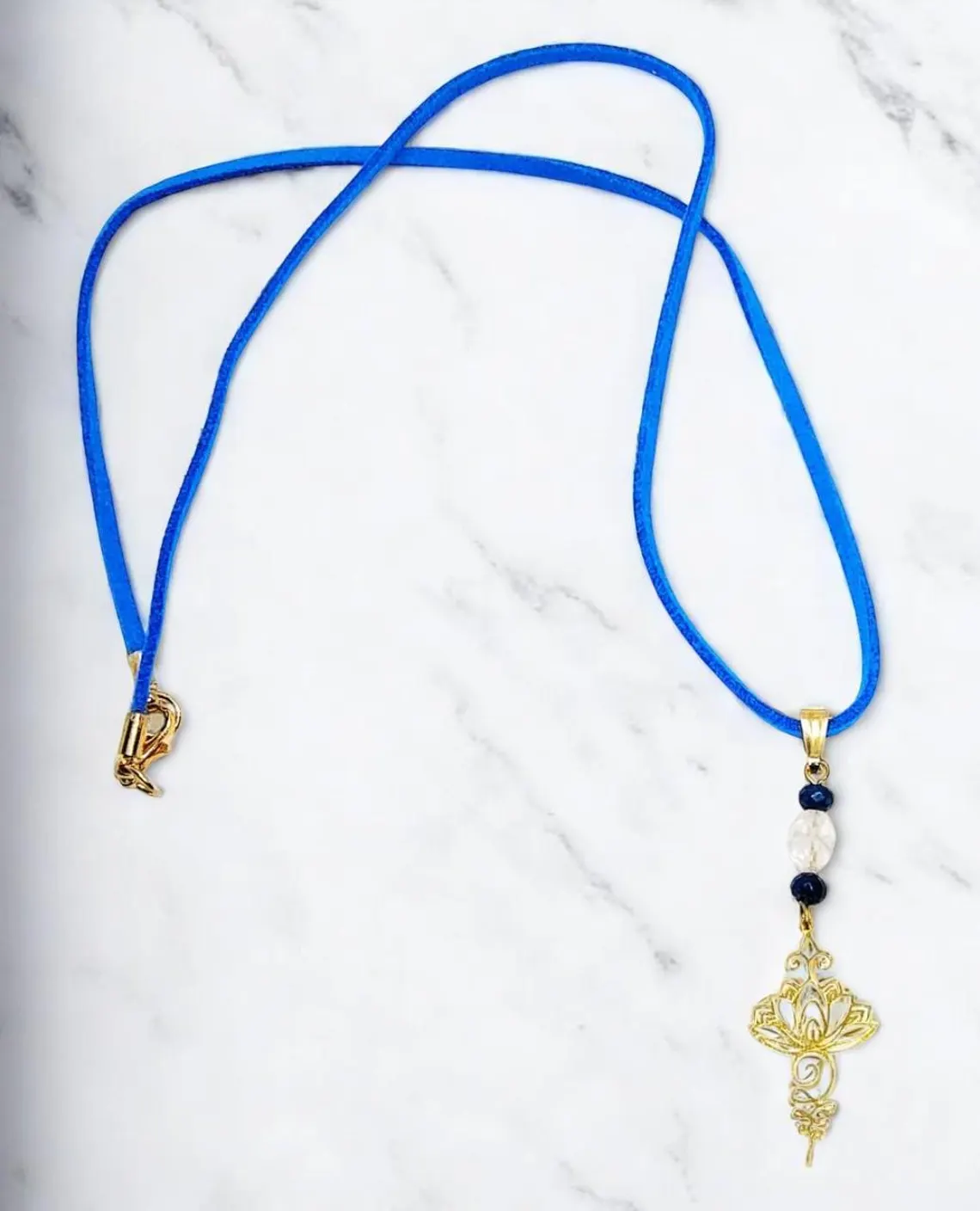Gold Lotus Flower Gemstone Pendant Blue Suede Cord Necklace