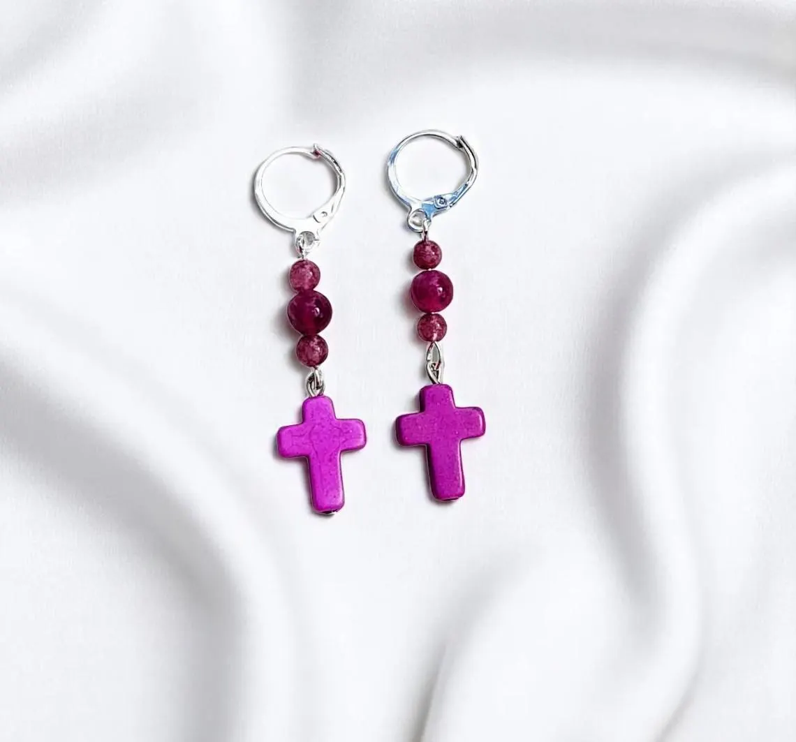 Religious Christian Gemstone Cross Dangle Earrings with Lever Backs