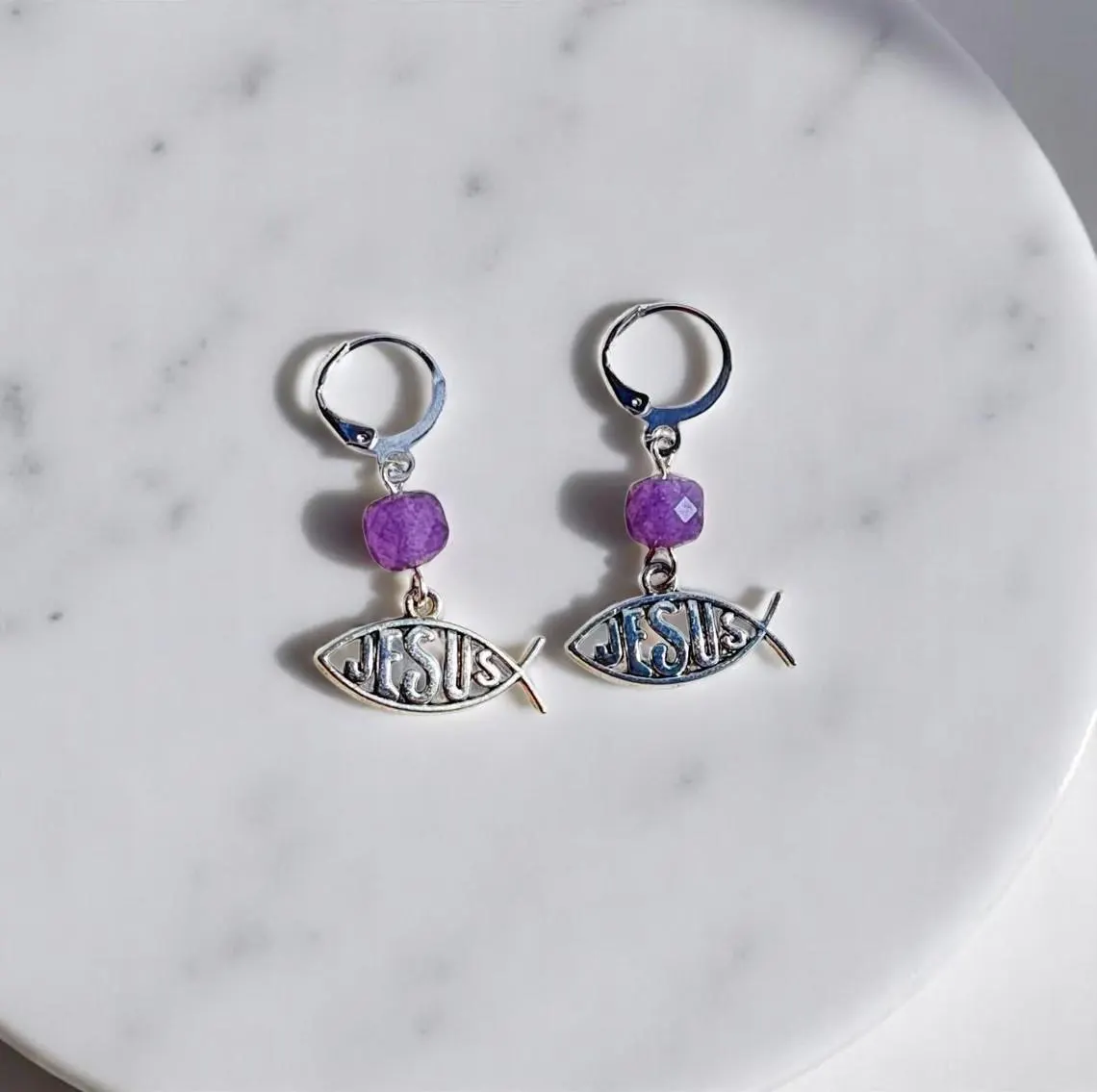 Religious Christian Jesus Fish Sign Amethyst Gemstone Dangle Earrings with Lever backs 