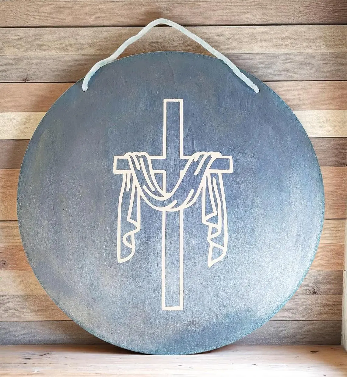 Wooden Metallic Blue Cross Sign 