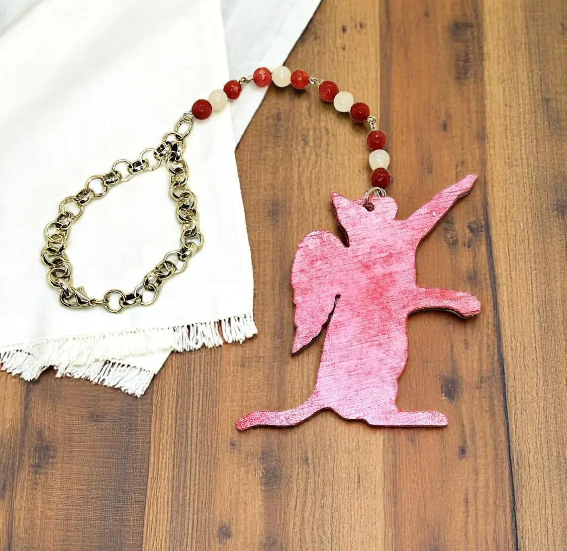 Pink Cat Angel and Beaded Gemstone Rearview Mirror Car Charm 