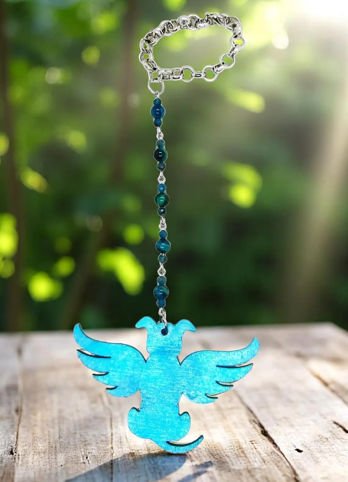 Blue Dog Angel and Beaded Gemstone Hanging Rearview Mirror Car Charm - New Car Gift 