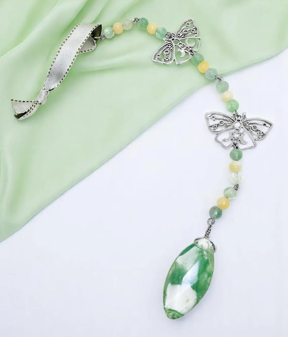 Hanging Beaded Green Gemstone Sun Catcher with Butterflies