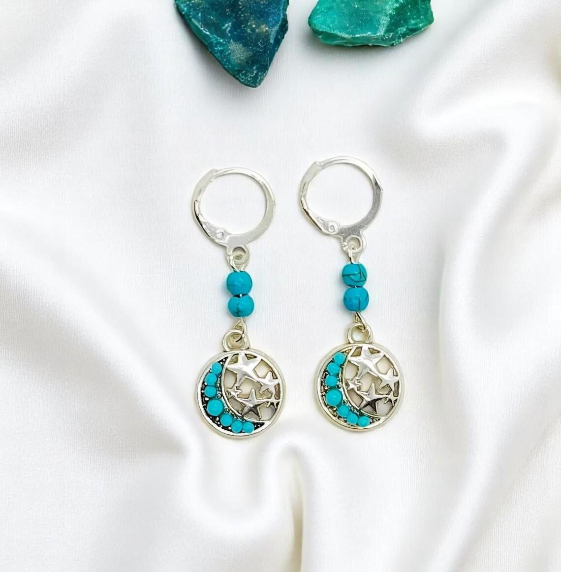 Turquoise Gemstone Crescent Moon and Stars Dangle Earrings with Leverbacks