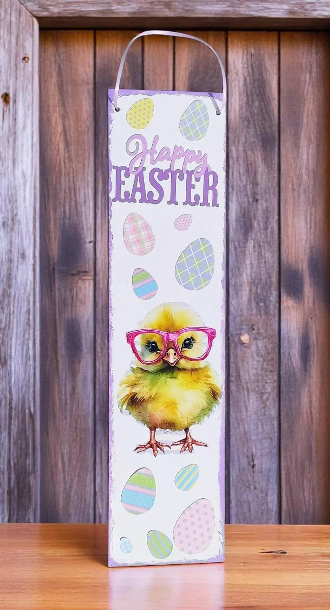 Long Decorative Happy Easter Chick with Glasses Wooden Plaque 