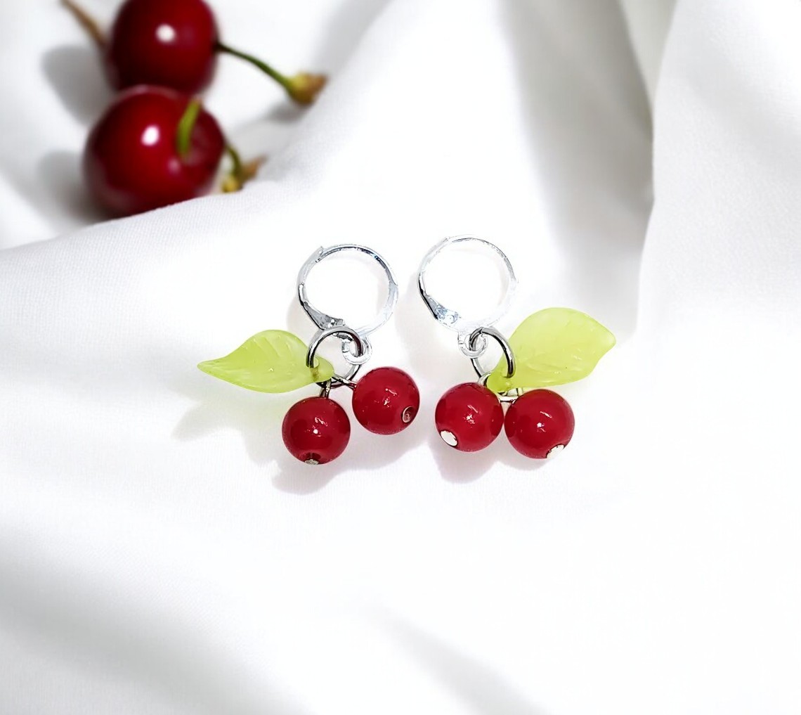 Playful Red Cherry Charm Gold Plated Drop Earrings 
