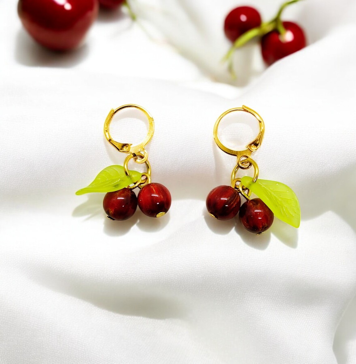 Playful Red Cherry Charm Gold Plated Drop Earrings 