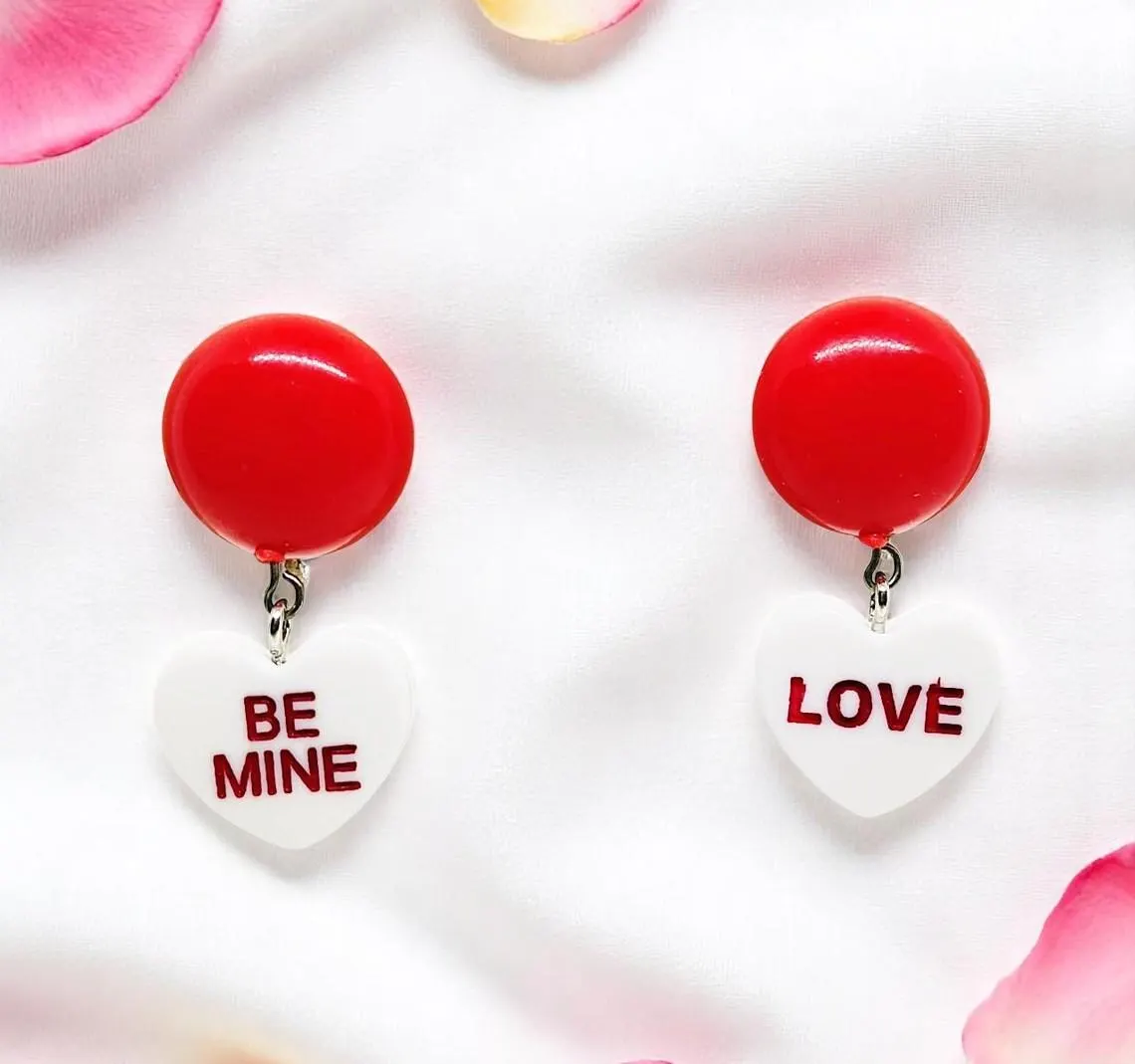 Valentine's Heart Shaped Candy Dangle Clip on Earrings 