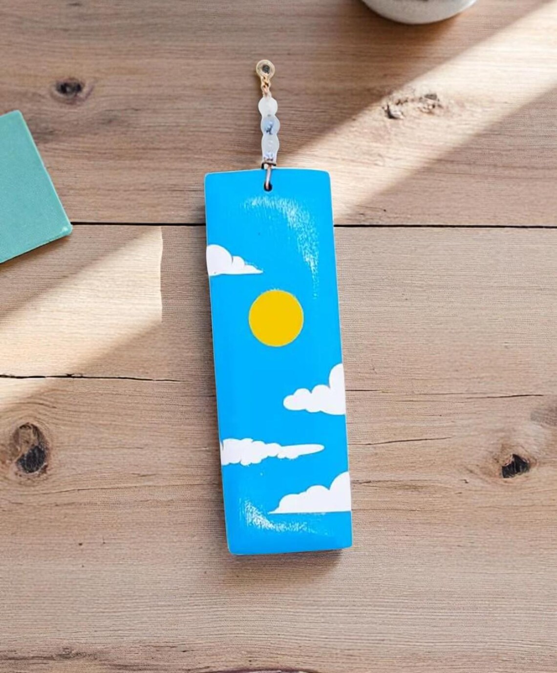 Large Wooden Blue Cloud Sky Background Rectangular Beaded Stone Pendant 
