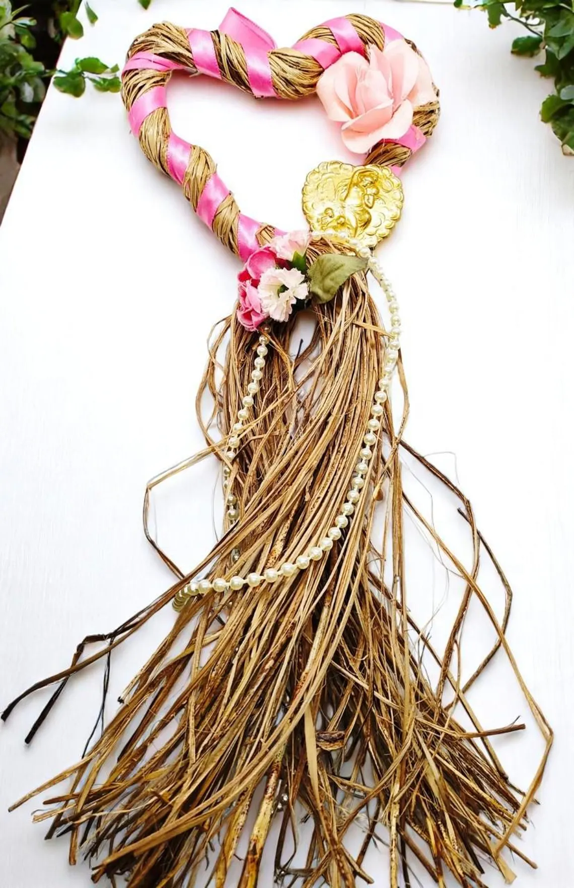 Handmade Heart Shaped Straw Floral Love Wreath with Cupid