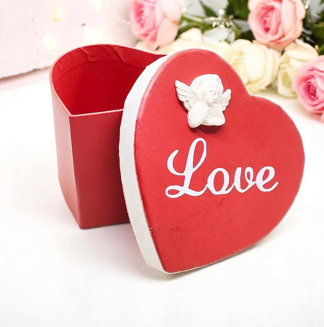 Hand Painted Heart Shaped Love Box with Cupid 