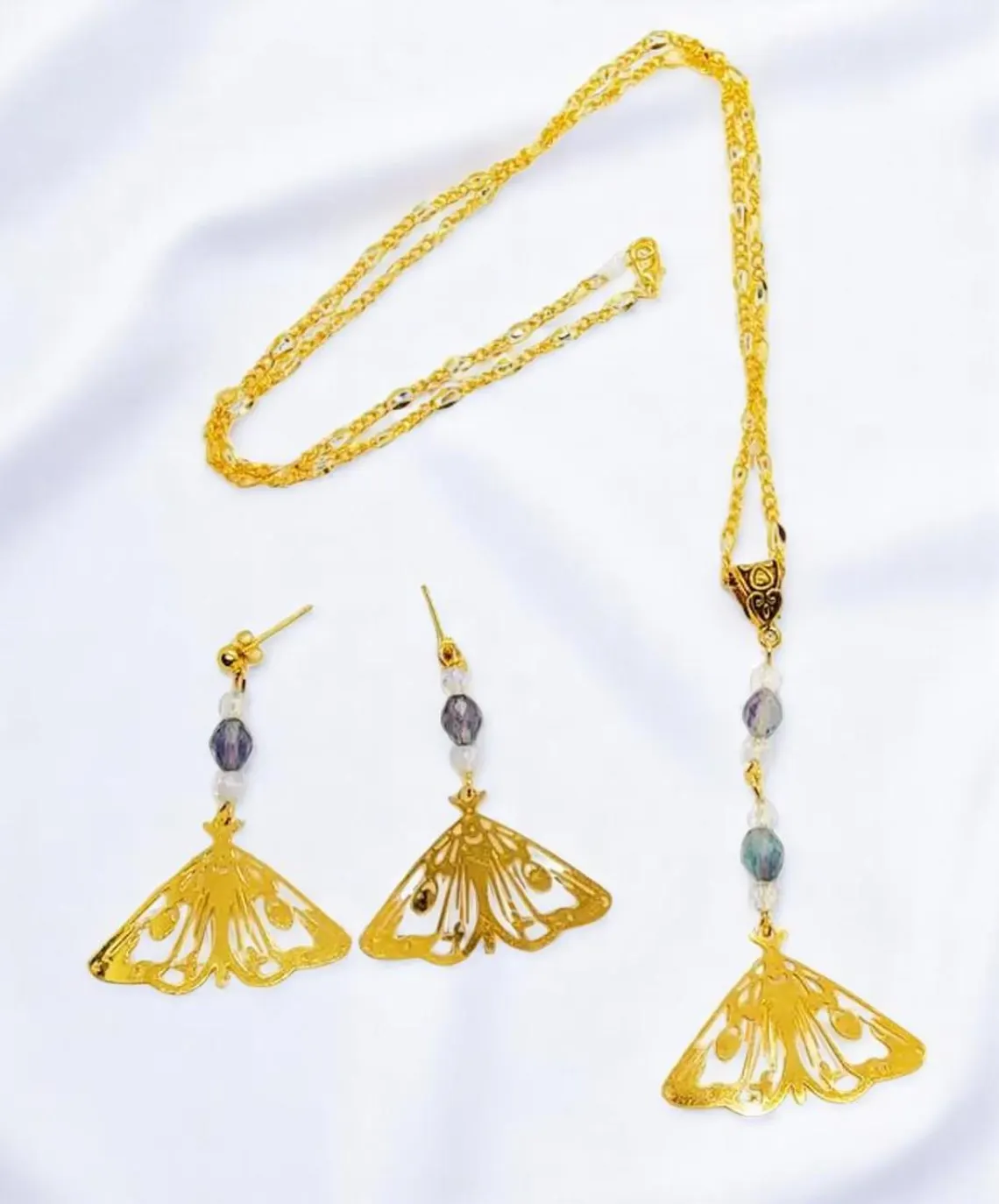 Gold Plated Butterfly & Fluorite, Opalite Gemstone Necklace and Post Earrings Set