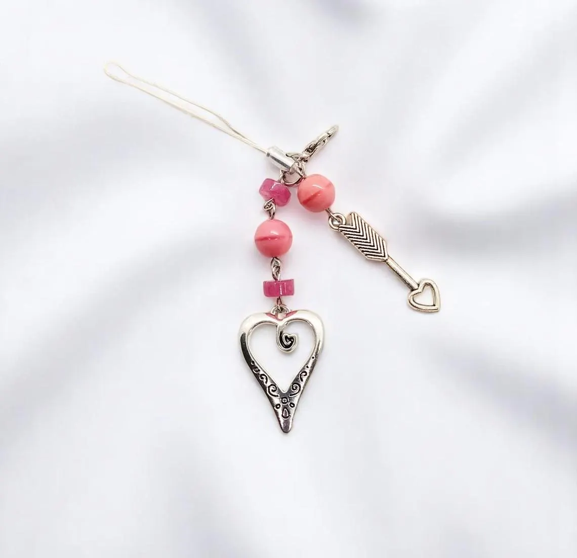 Hearts & Gemstone Beaded Cell Phone Strap Charm 