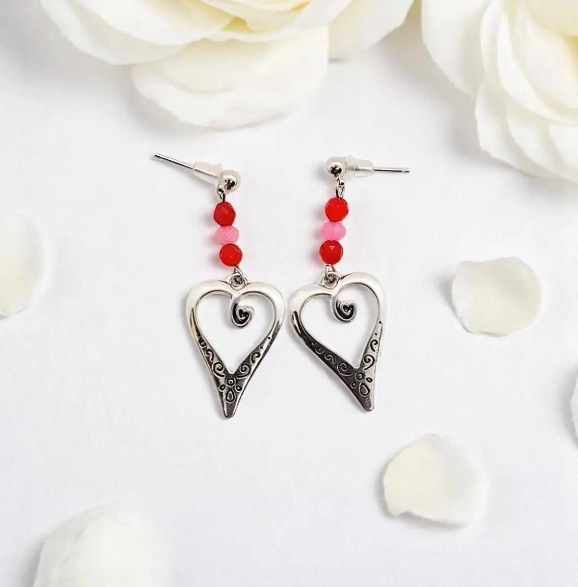 Handcrafted Decorative Heart & Gemstone Post Earrings 
