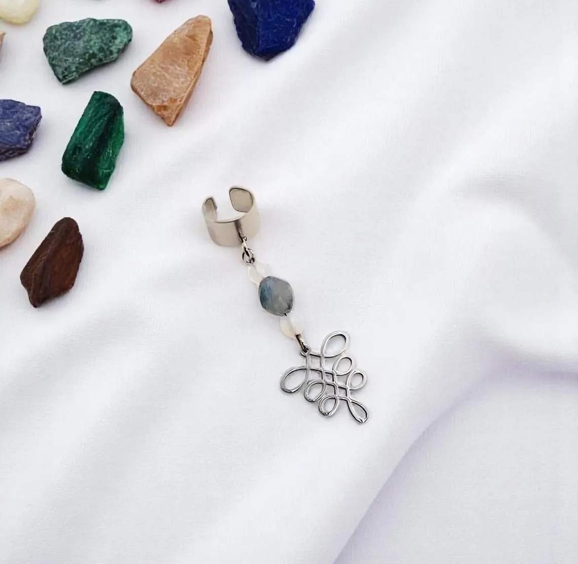 Handcrafted Ear Cuff with Dangling Gemstones & Charm