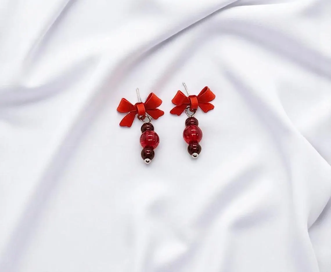 Handcrafted Red Garnet Gemstone Post Bow Earrings 