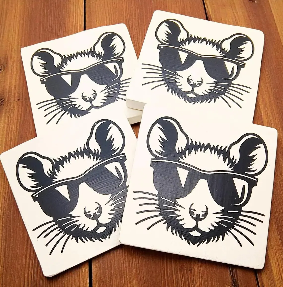 Hand Painted Cool Fancy Rat with Sunglasses Coaster Set - Set of 4