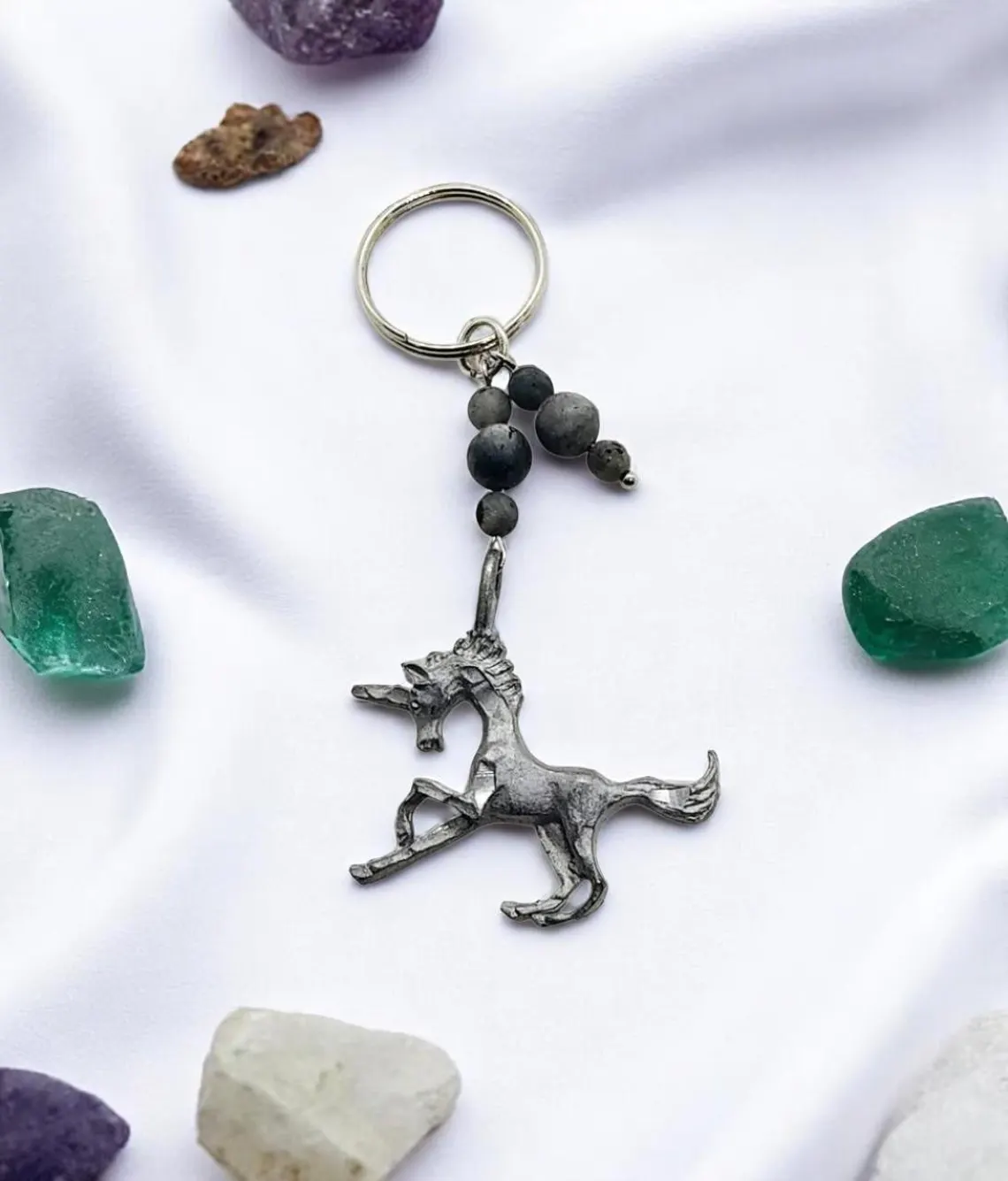 Pewter Unicorn Labradorite Gemstone Beaded Key Ring 