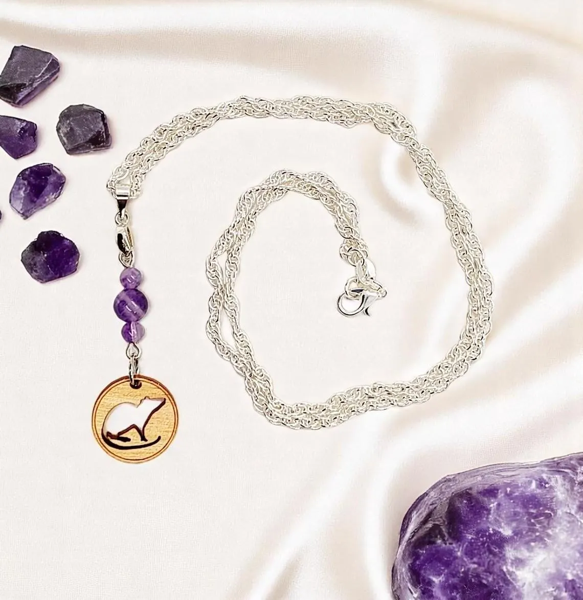 Cute Wooden Rat Silhouette & Amethyst Gemstone Pendant on Silver Plated Chain Necklace