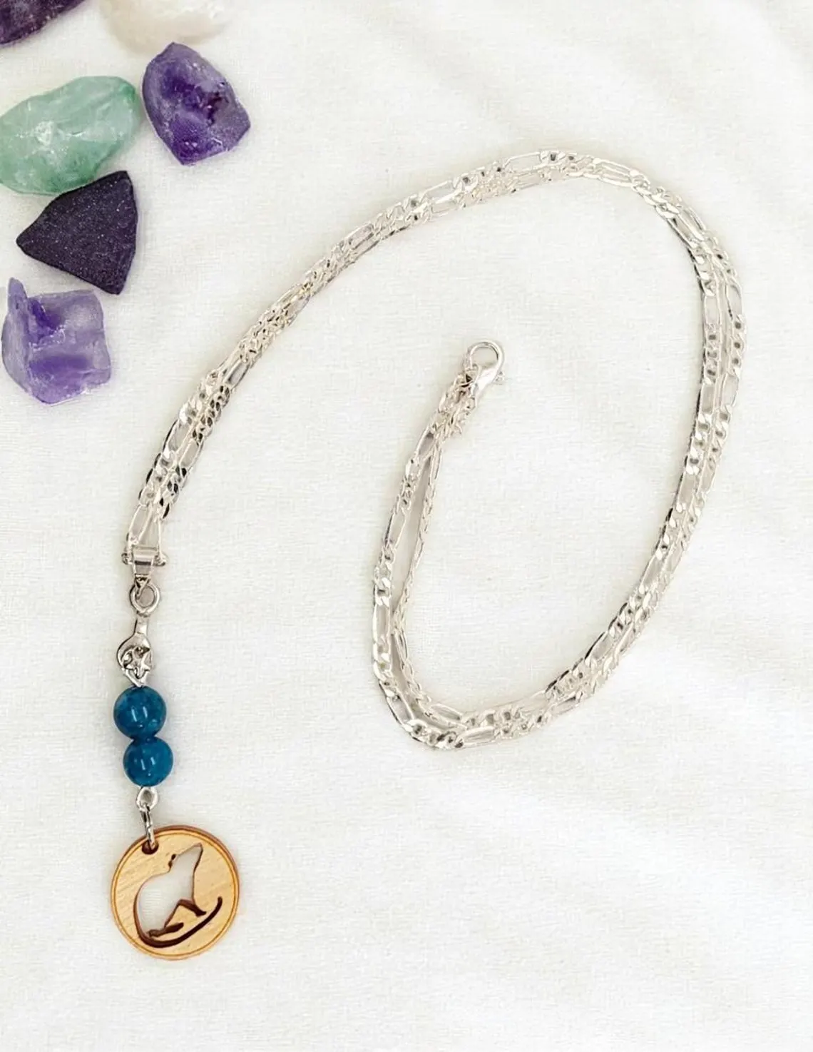 Cute Wooden Rat Silhouette & Blue Chalcedony Gemstone Pendant on Silver Plated Chain