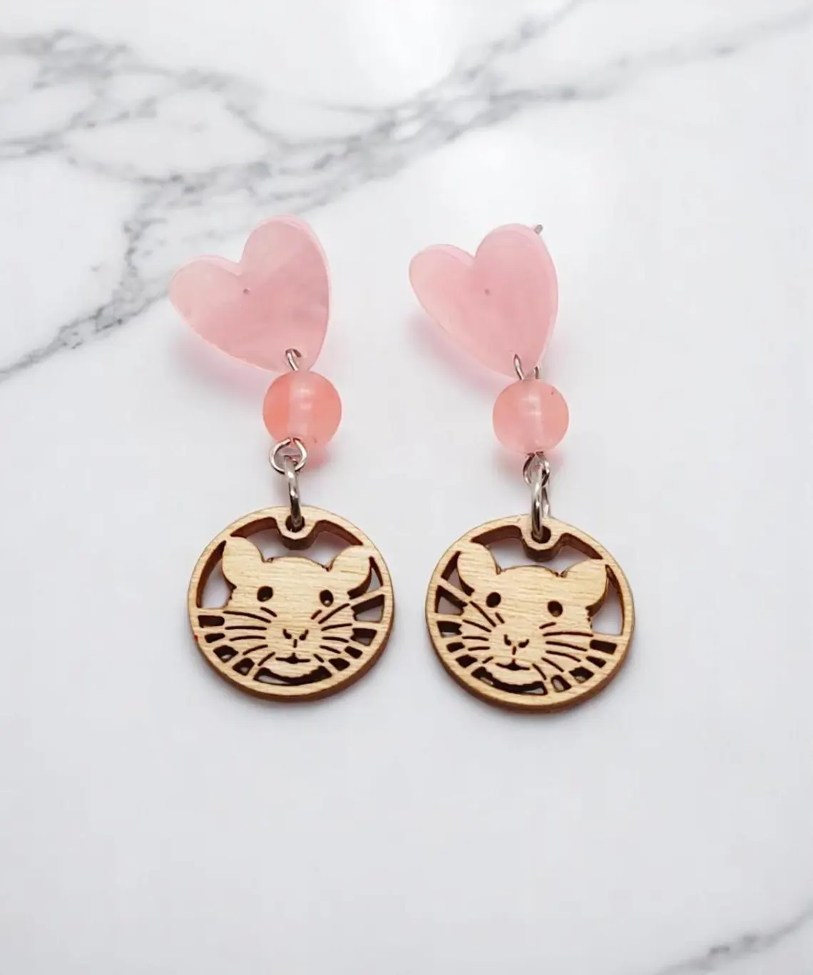 Cute Rat Face Wooden Charm & Pink Quartz Gemstone Post Heart Shaped Earrings