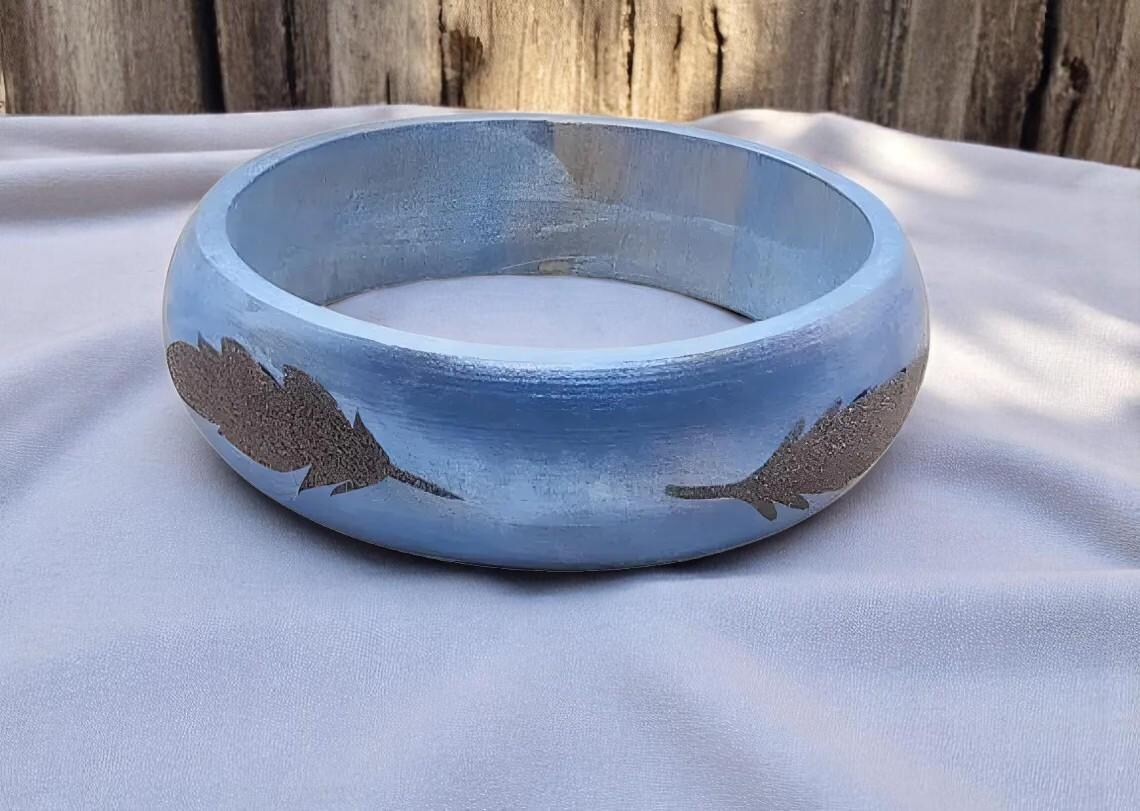 Hand Painted Wooden Blue Bangle Bracelet with Glitter Feathers 