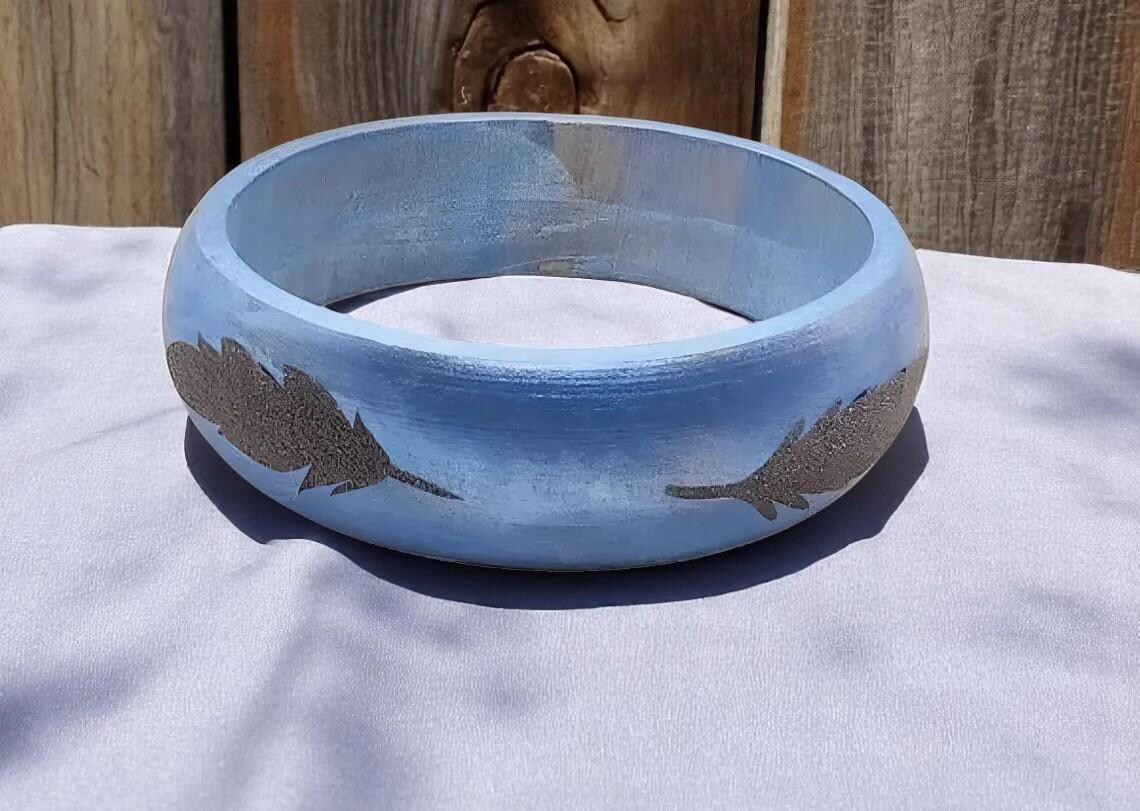 Hand Painted Wooden Blue Bangle Bracelet with Glitter Feathers 