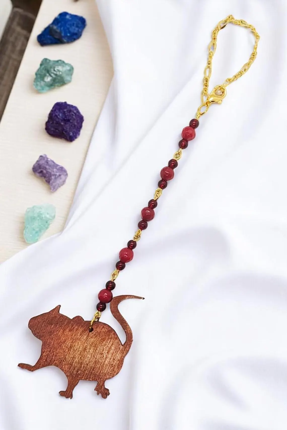Red Chalcedony & Garnet Gemstone Fancy Rat Rearview Mirror Car Charm 