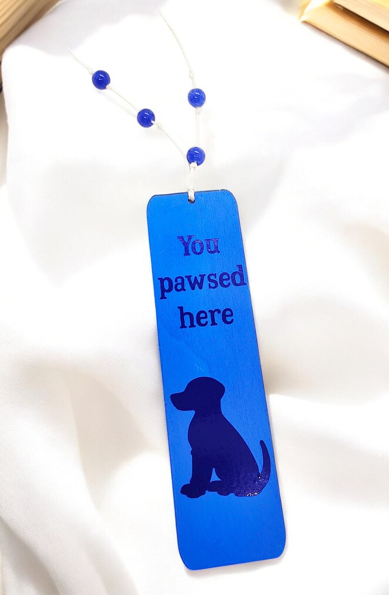 Handmade Wooden Blue You Pawsed Here Dog Bookmark with Gemstones
