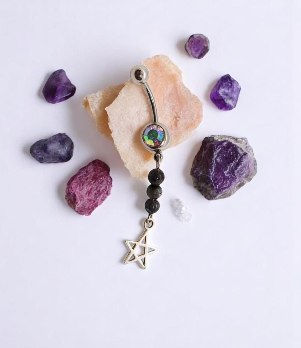 Sterling Silver Star & Labradorite Gemstone Belly Ring Jewelry - 14 G