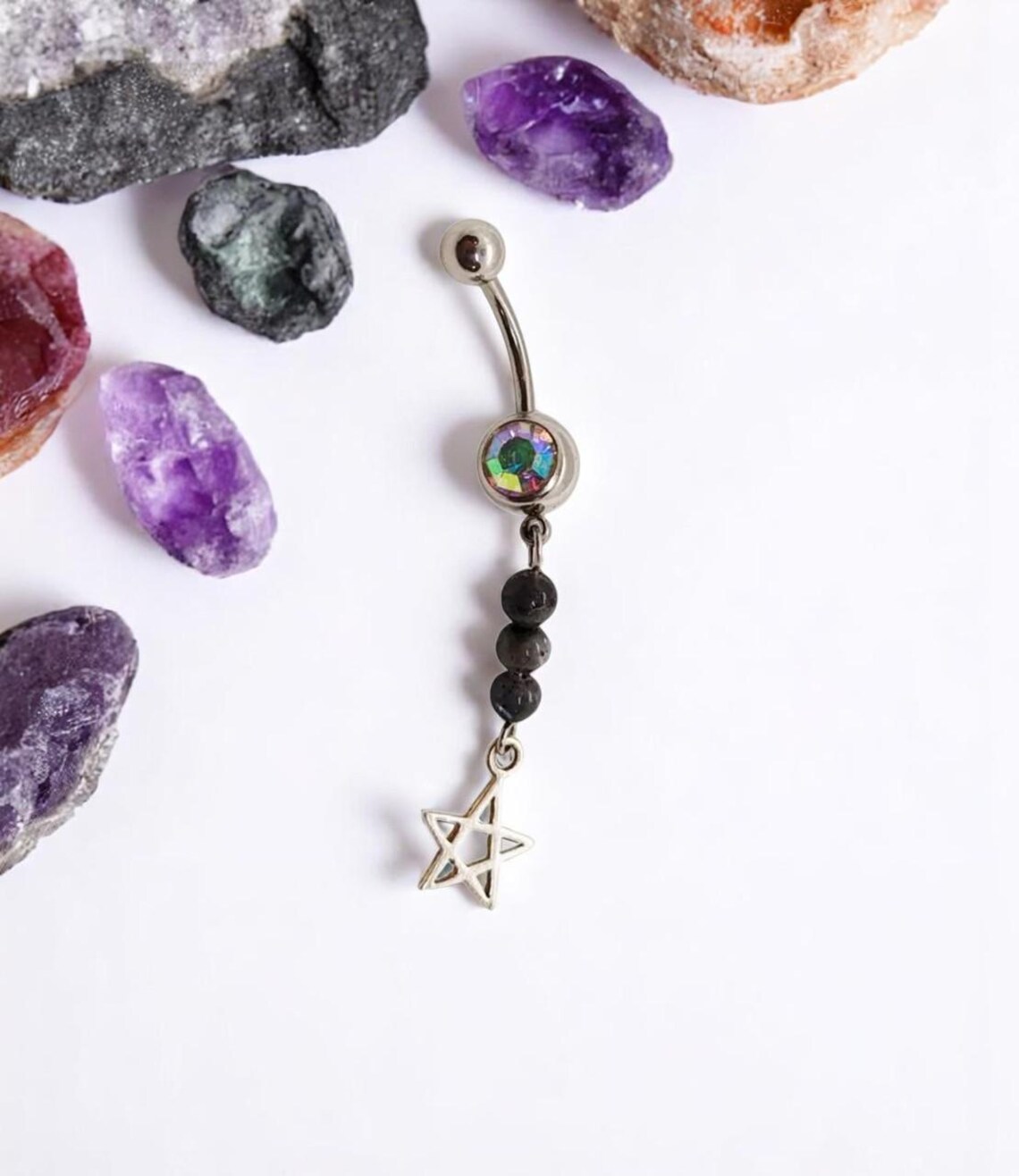 Sterling Silver Star & Labradorite Gemstone Belly Ring Jewelry - 14 G