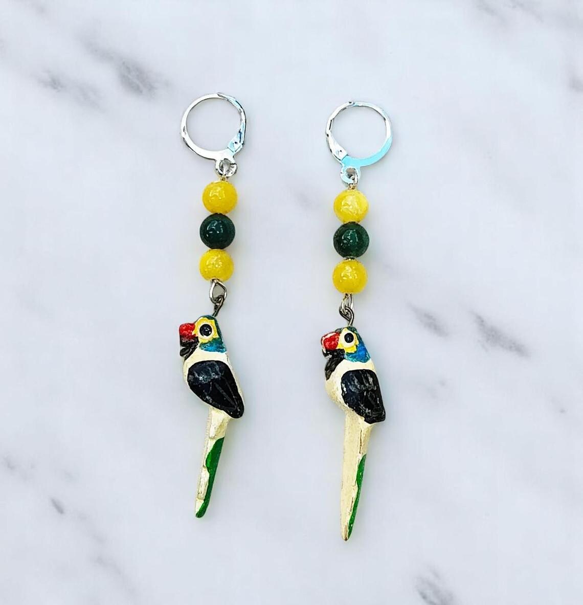 Wooden Parrot and Gemstone Summer Dangle Earrings 