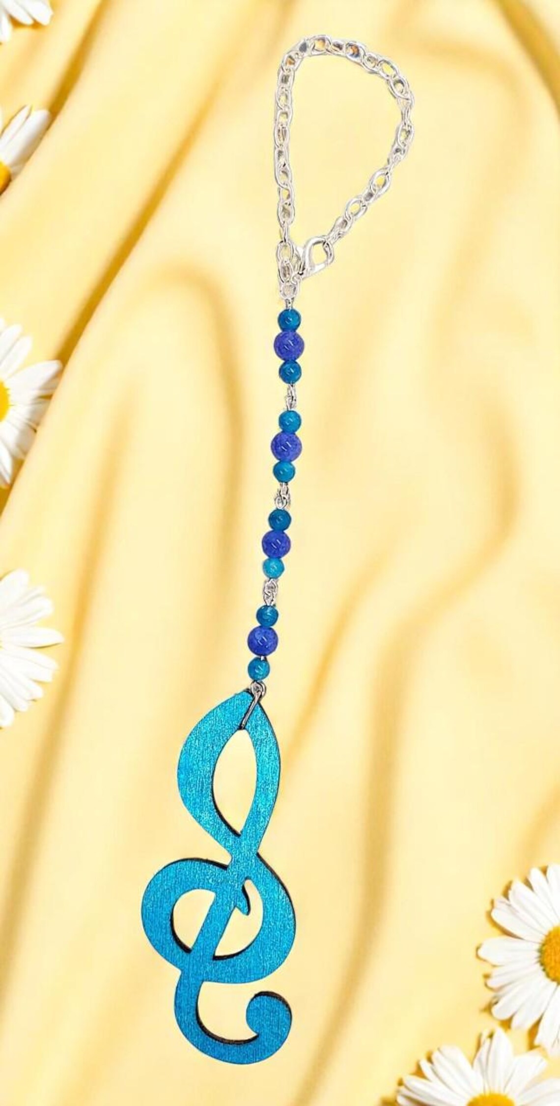 Wooden Music Treble Clef and Blue Kyanite Gemstone Rear View Mirror Car Charm