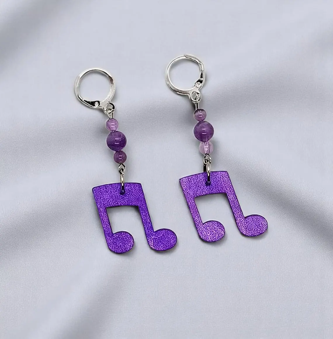 Wooden Music Note Gemstone Dangle Earrings 