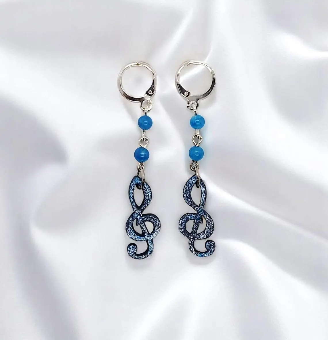 Wooden Treble Clef Gemstone Dangle Earrings 