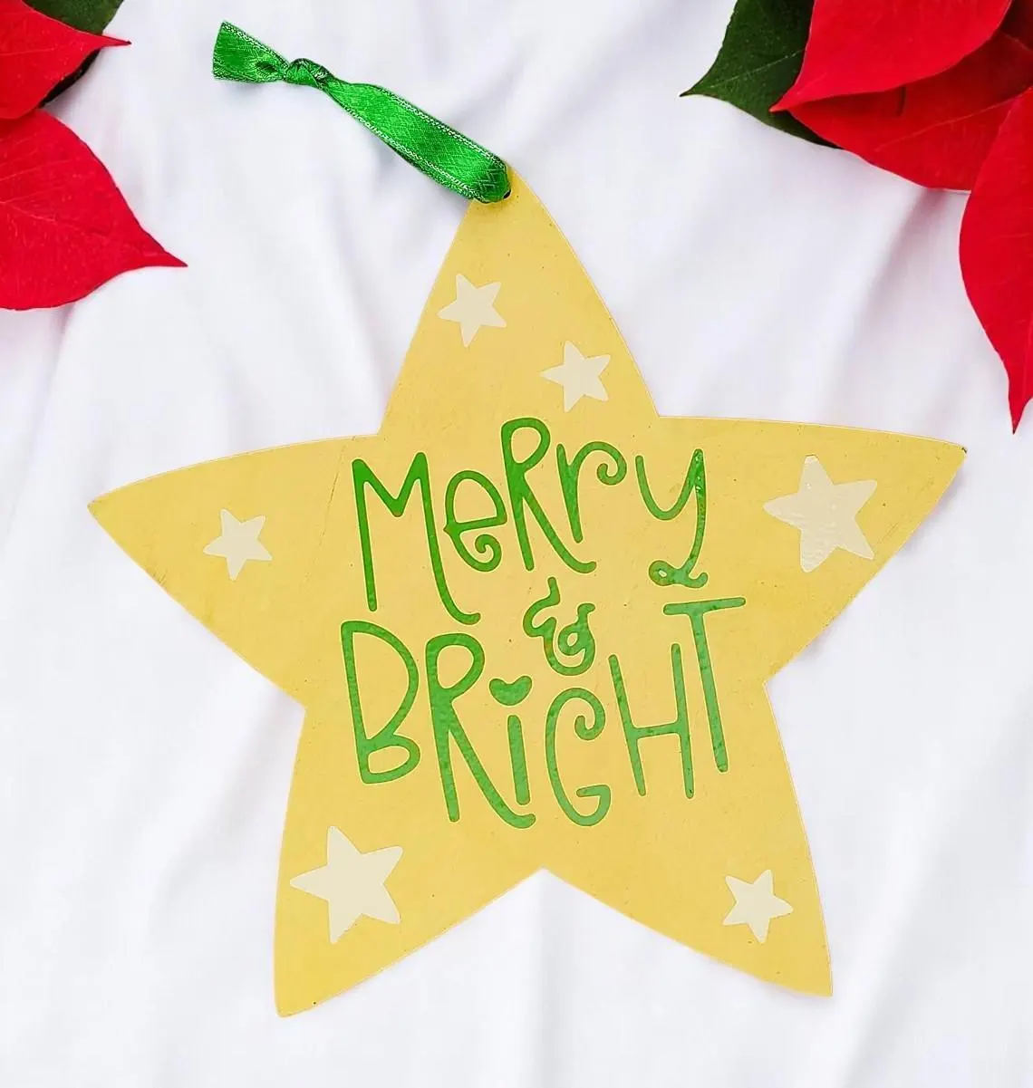 Wooden Yellow Merry & Bright Star Shaped Sign 