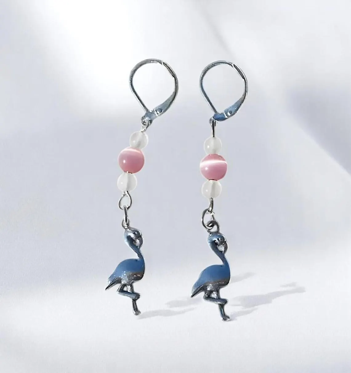 Sterling Silver Pink Flamingo, Gemstone Earrings 
