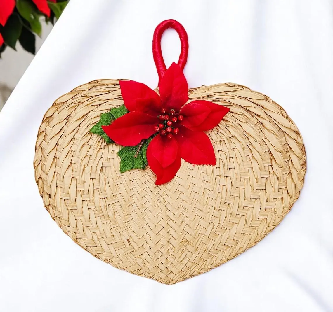Primitive Christmas Poinsettia Straw Fan Decor 