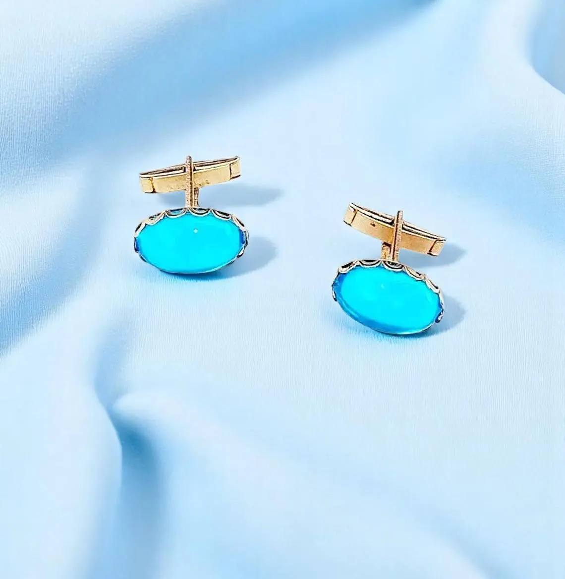 Men's Sky Blue and Gold Shirt Cuff Links Set 