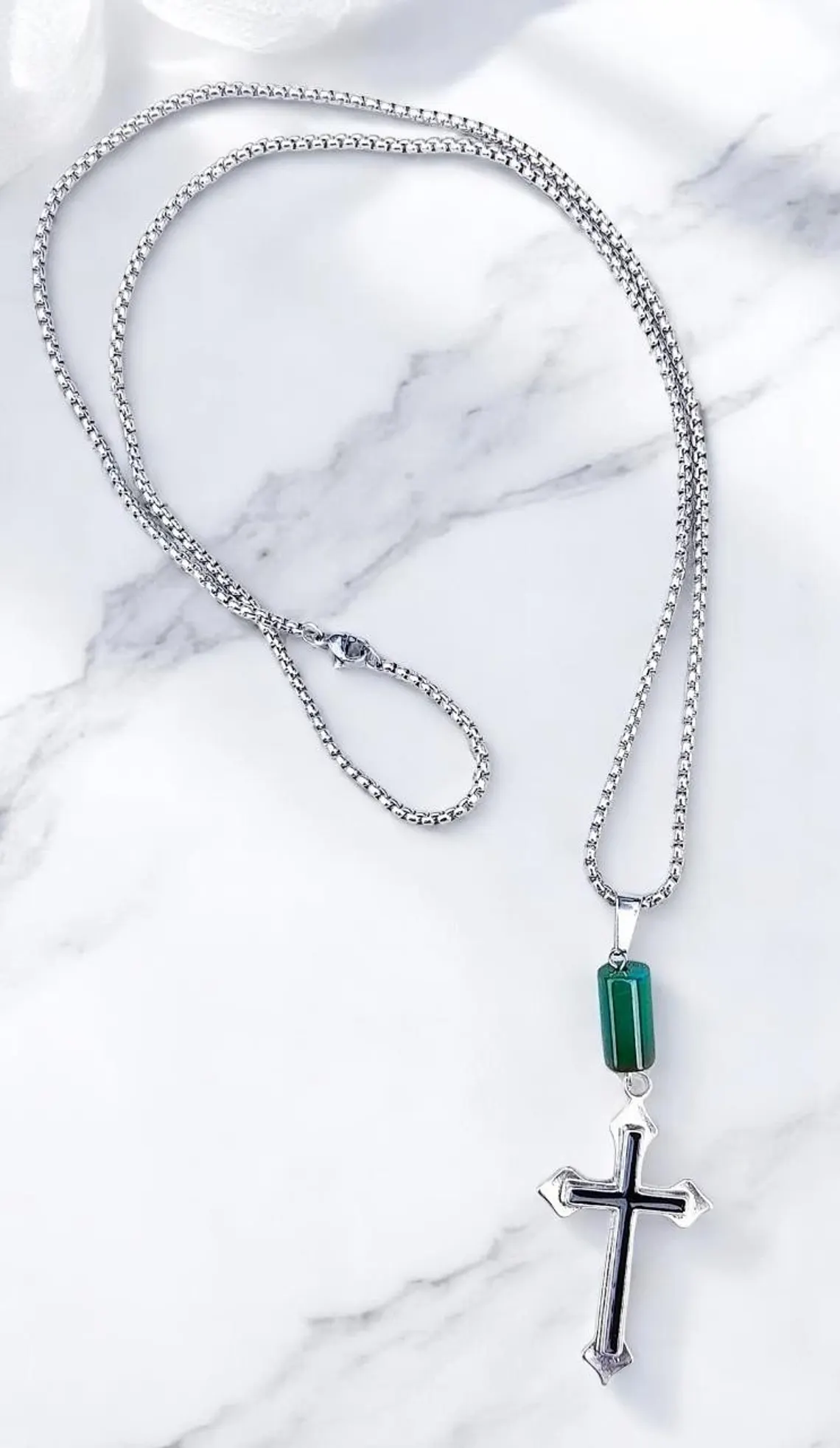 Men's Christian Cross Stainless Steel Gemstone Necklace