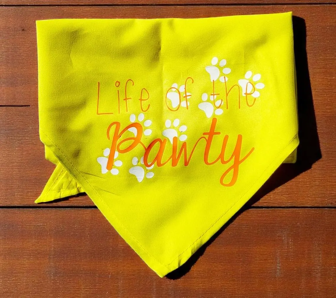 Medium Yellow Life of the Pawty Dog Bandana Scarf - Fun Hipster Dog's Clothes