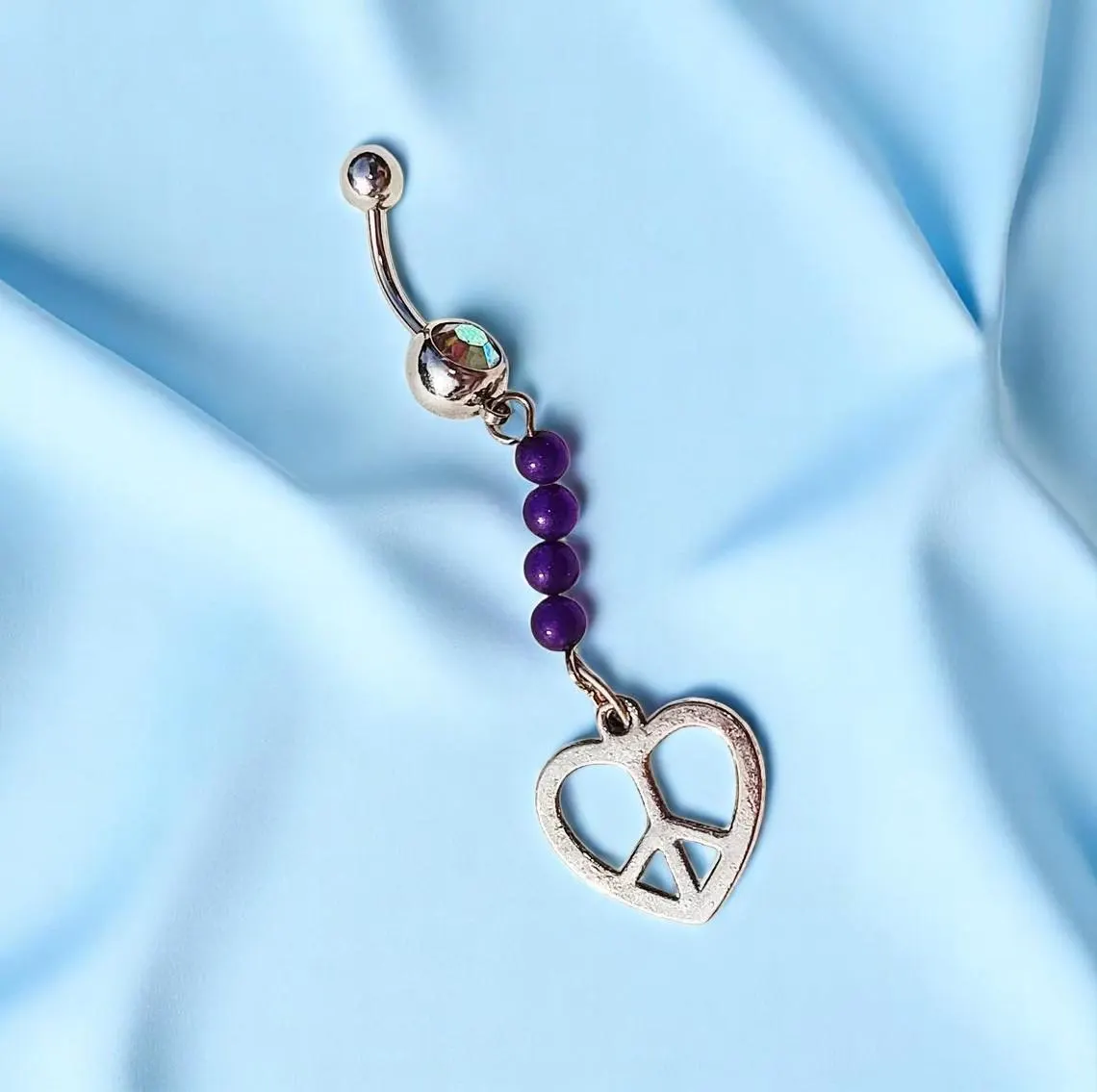 Heart Shaped Peace Sign & Purple Gemstone Belly Ring Body Jewelry - 14 G