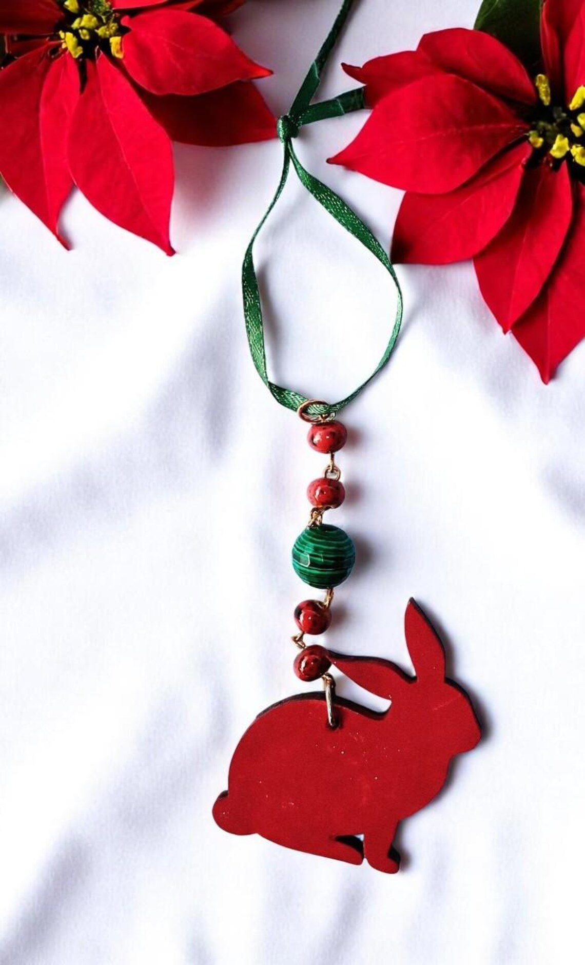 Handcrafted Wooden Rabbit Bunny Beaded Icicle Ornament 