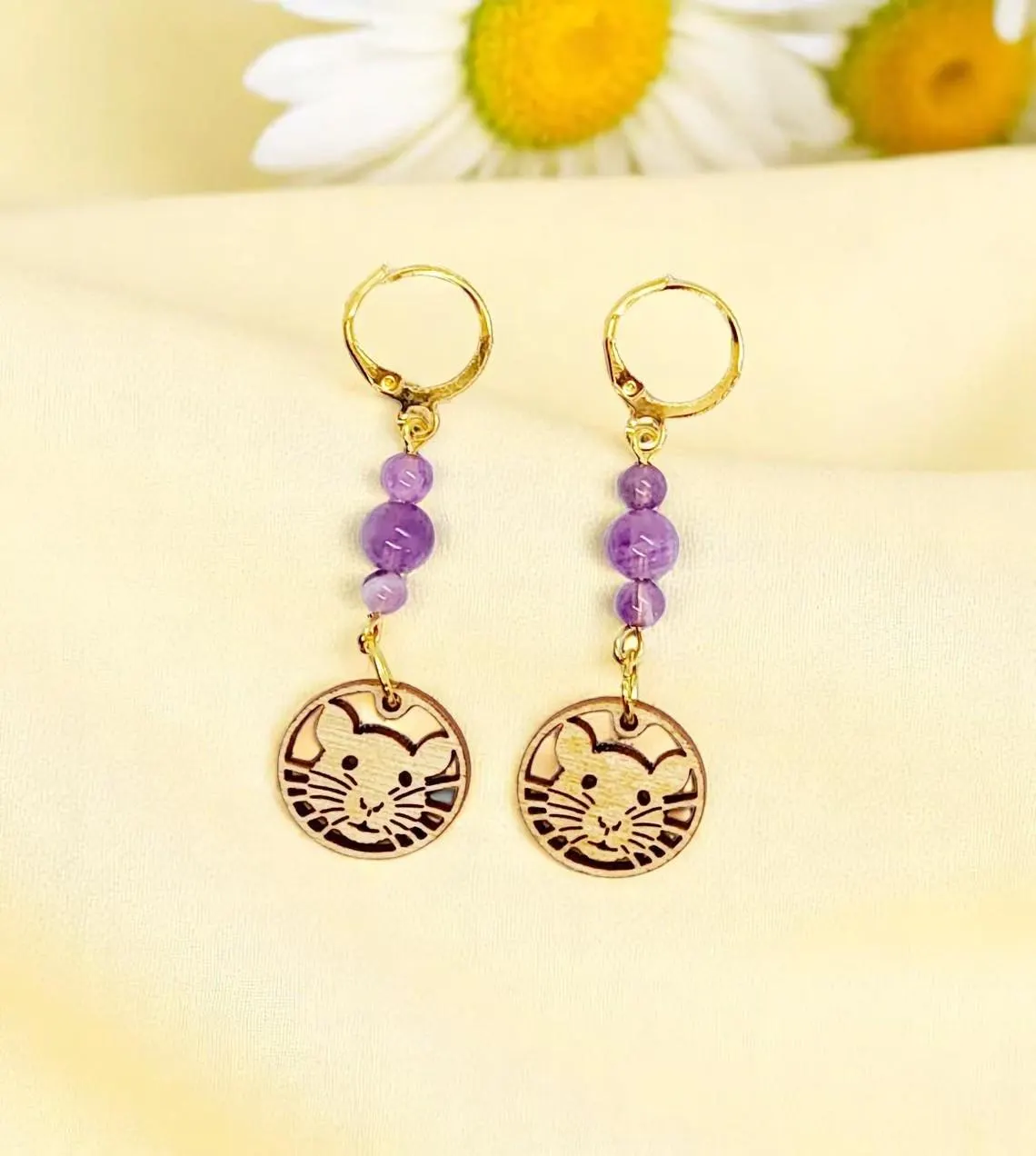 Handcrafted Cute Rat Wooden Rat Charm & Amethyst Gemstone Dangle Earrings