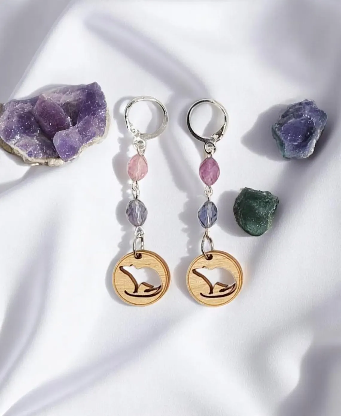 Handcrafted Cute Rat Silhouette Wooden Charm & Fluorite Gemstone Dangle Earrings