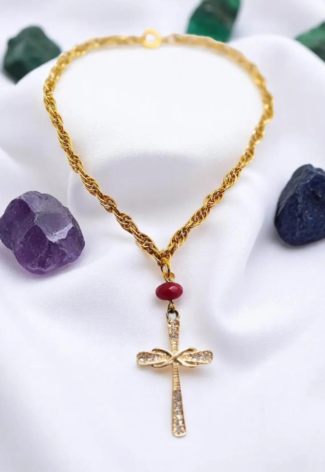 Golden Christian Cross Gemstone Dangle Anklet
