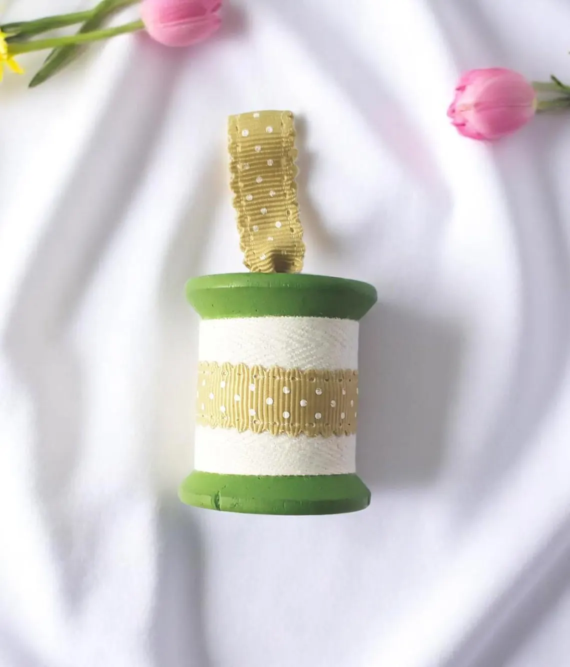 Festive Green Wooden Spool Christmas Ornament 