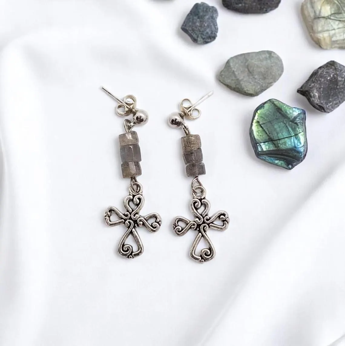 Christian Cross Labradorite Gemstone Dangle Earrings