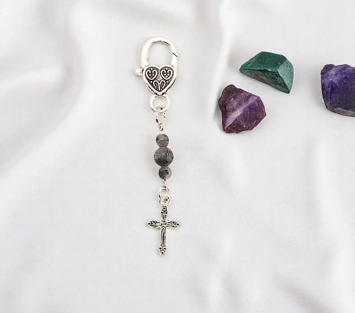 Christian Cross and Labradorite Gemstone Pet Collar Charm Tag