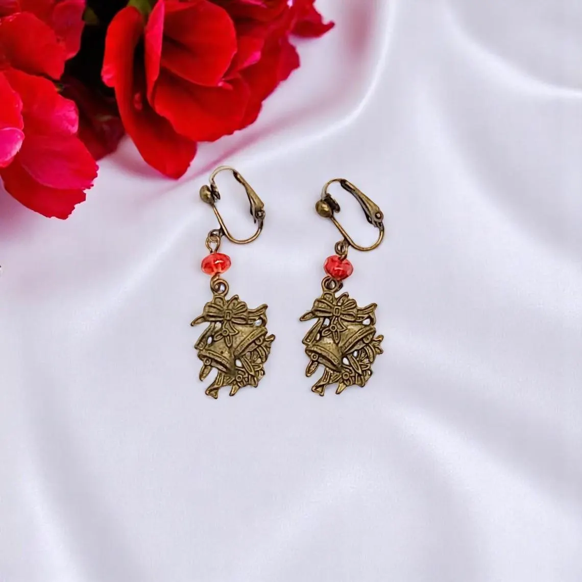 Bronze Christmas Dangle Clip on Earrings 